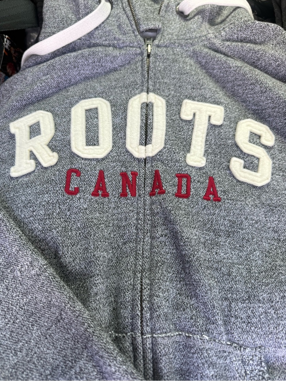 Roots Grey Hoodie with White Appliqué and Red Canada Lettering